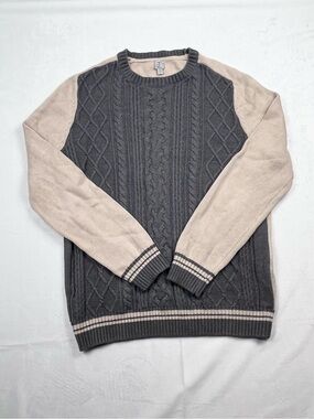 Tristan Charcoal Beige Cable Knit Color Block Varsity Sweater Size Large